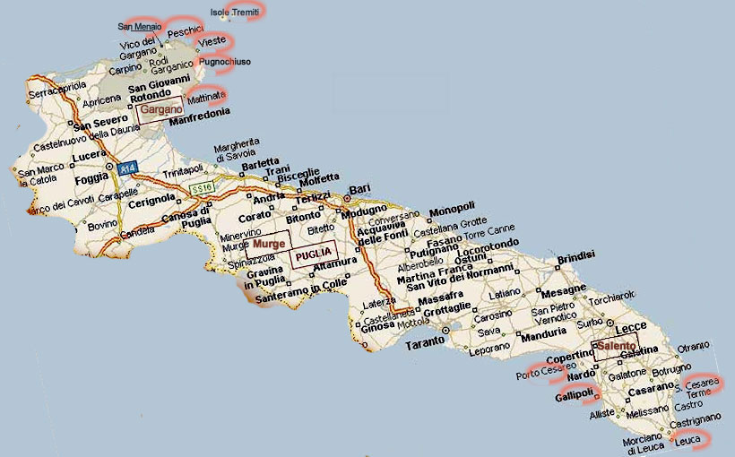 Mappa della Puglia - Case vacanze Puglia , Salento , Gargano